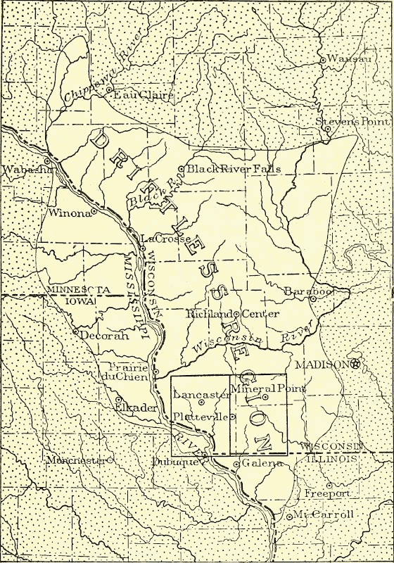 Map of the Driftless Area of the American Midwest showing state lines (Wisconsin, Illinois, Minnesota, Iowa) and several towns within that area. Glacial till is spotted, the Driftless is solid.